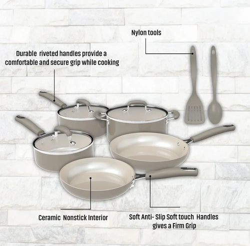 10-Piece Nonstick Cookware Pot Pans Set Ceramic Heavy-Gauge Kitchen Essentials
