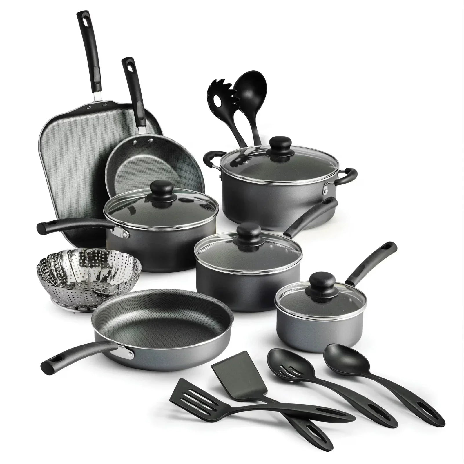 18 Piece Non-stick Cookware Set, Steel Gray - NEW