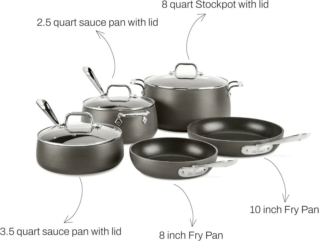 All-Clad HA1 Hard Anodized Nonstick Cookware, 10 PC Set Oven Safe 500F- Lid