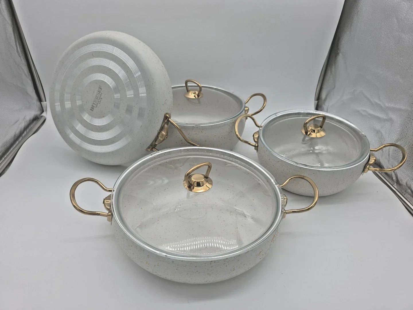 7 pc Nonstick Cookware Set, Non-Toxic Pots, Pans, Oven, Utensils - Gold Granite
